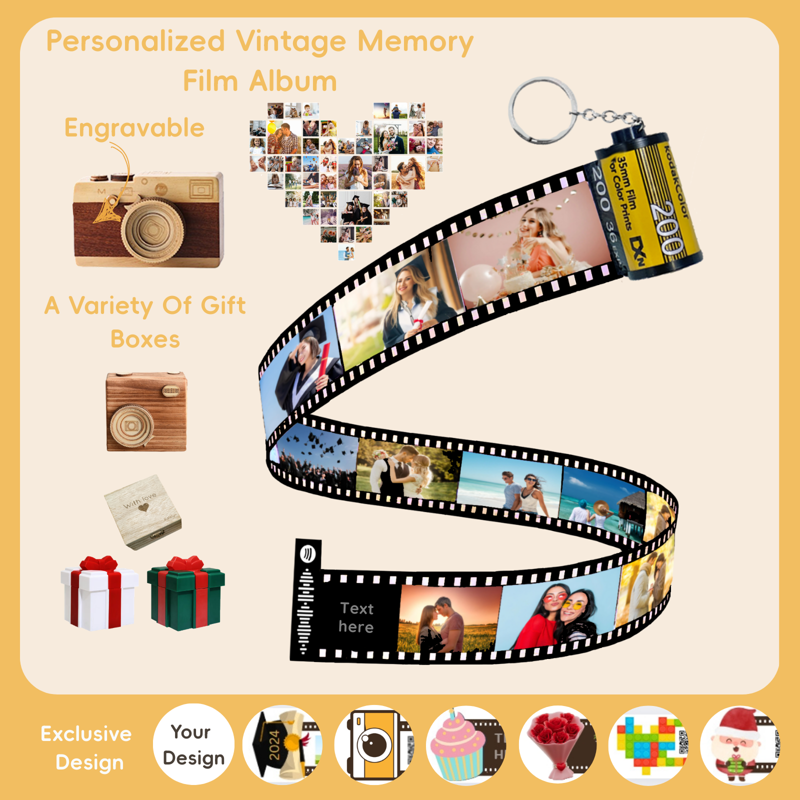 Personalized Customized Memory Retro Camera Film HD Photo Album Film Roll Keychain Spotify Voice Message Creative Birthday Valentine Christmas Graduation Friend Anniversary Gift Souvenir Customized Handmade - uniqicon